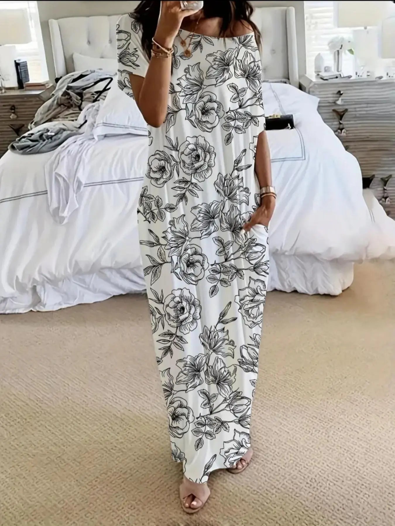 Women'S Solid Color Batwing Sleeve Lounge Dress, Casual Comfy Short Sleeve Nightdress for Daily Wear, Ladies Loungewear Sleepwear for All Seasons, Womenswear