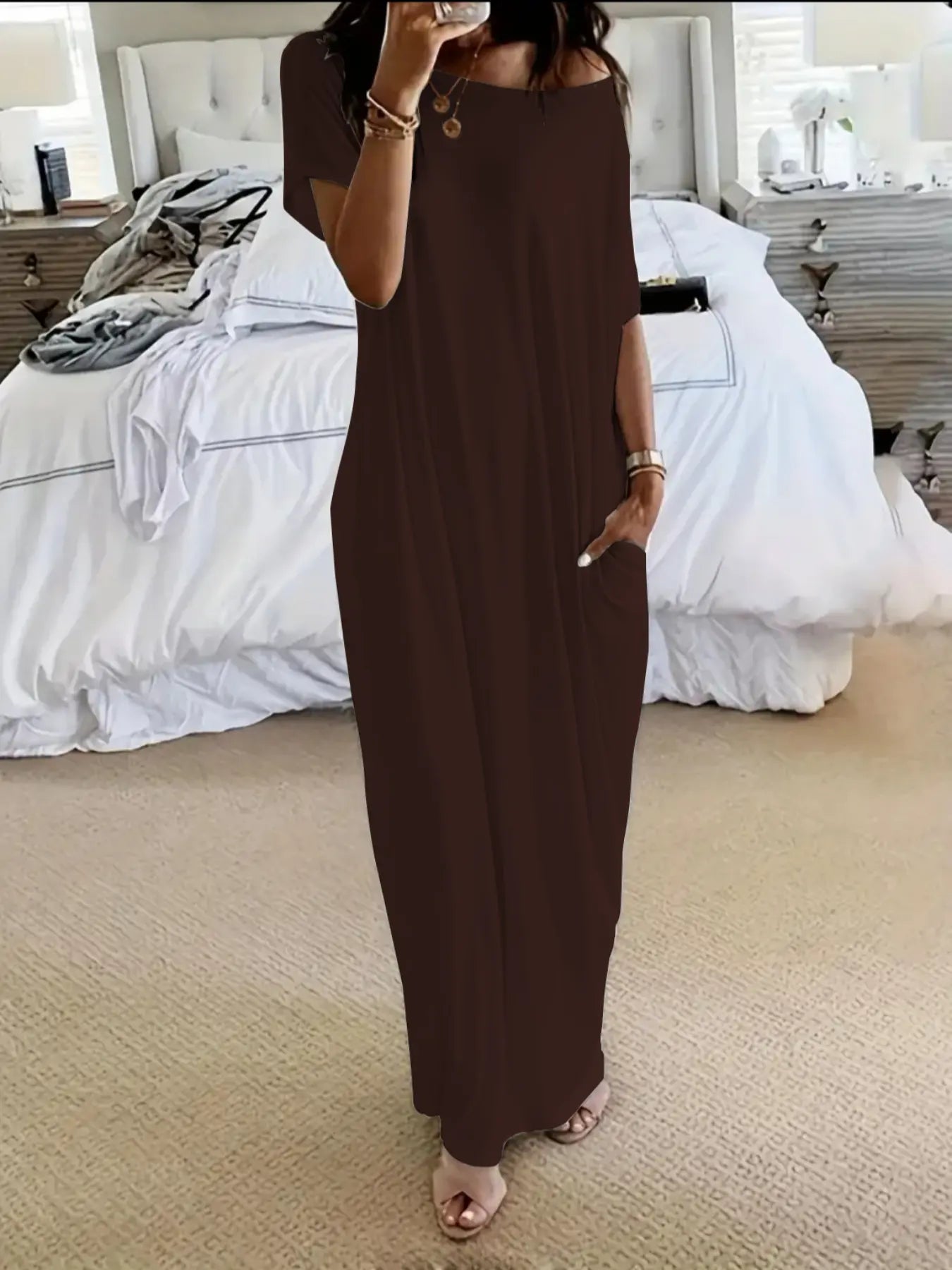 Women'S Solid Color Batwing Sleeve Lounge Dress, Casual Comfy Short Sleeve Nightdress for Daily Wear, Ladies Loungewear Sleepwear for All Seasons, Womenswear