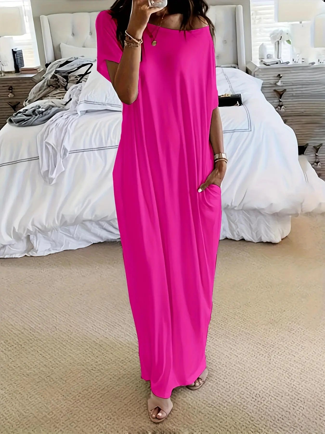 Women'S Solid Color Batwing Sleeve Lounge Dress, Casual Comfy Short Sleeve Nightdress for Daily Wear, Ladies Loungewear Sleepwear for All Seasons, Womenswear