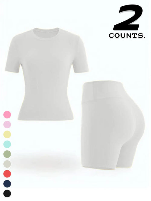 New Women'S Sportswear Set Short Sleeve Top + Shorts Combo, Activewear Clothing, Athletic Wear, Gym Clothes Workout, Gym Sets, Slim-Fitting Summer for Yoga, Gym, Outdoor Sports, Casual Wear