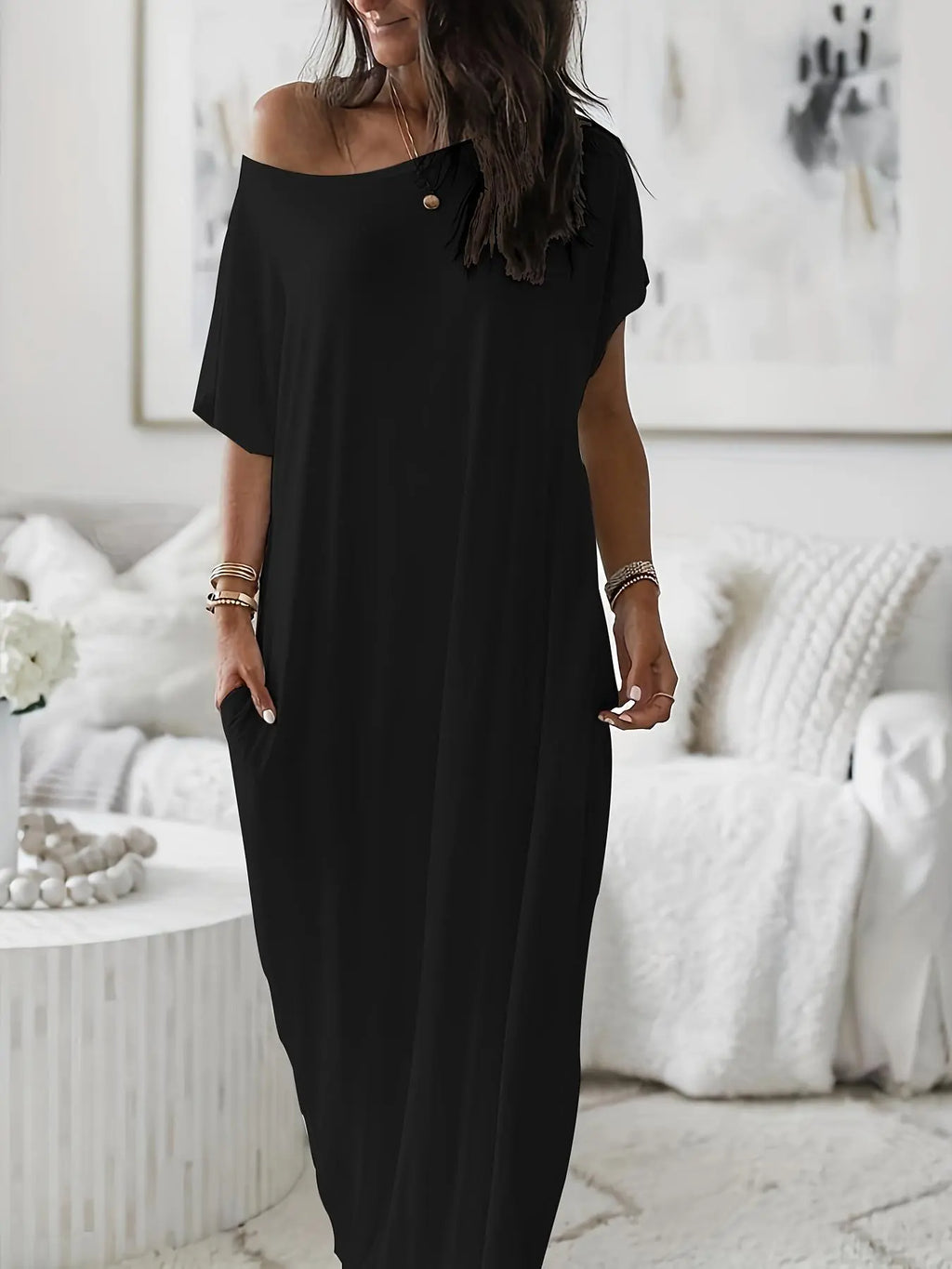 Women'S Solid Color Batwing Sleeve Lounge Dress, Casual Comfy Short Sleeve Nightdress for Daily Wear, Ladies Loungewear Sleepwear for All Seasons, Womenswear