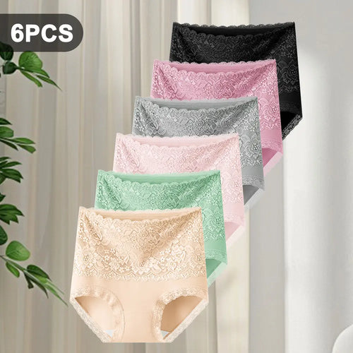 QUASTI 6 Piece Women'S High Waist Briefs, Lace Style Cotton Comfortable & Breathable Underwear, Hip Lifting Fashionable Design, Suitable for Women'S Daily Life