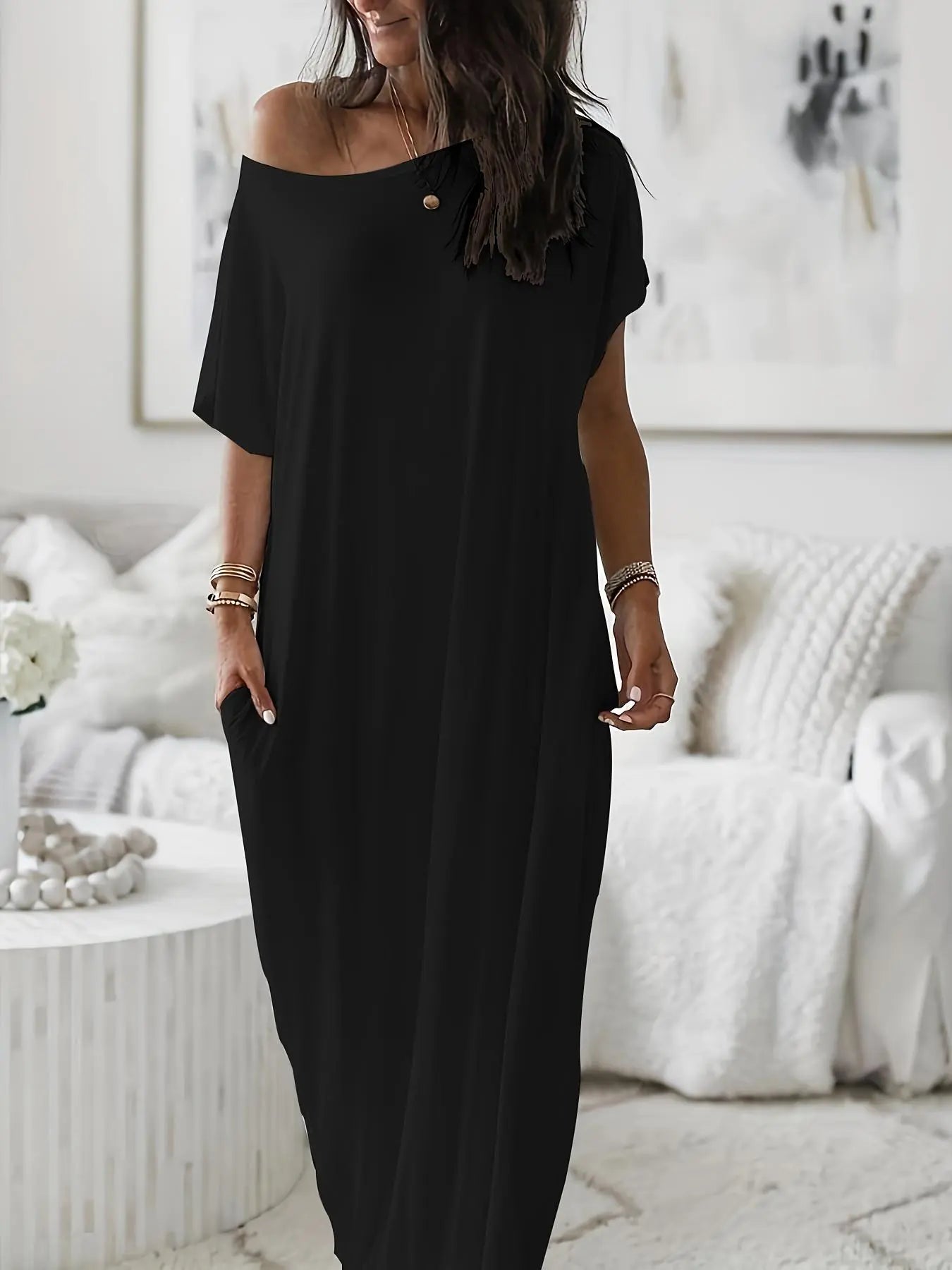 Women'S Solid Color Batwing Sleeve Lounge Dress, Casual Comfy Short Sleeve Nightdress for Daily Wear, Ladies Loungewear Sleepwear for All Seasons, Womenswear