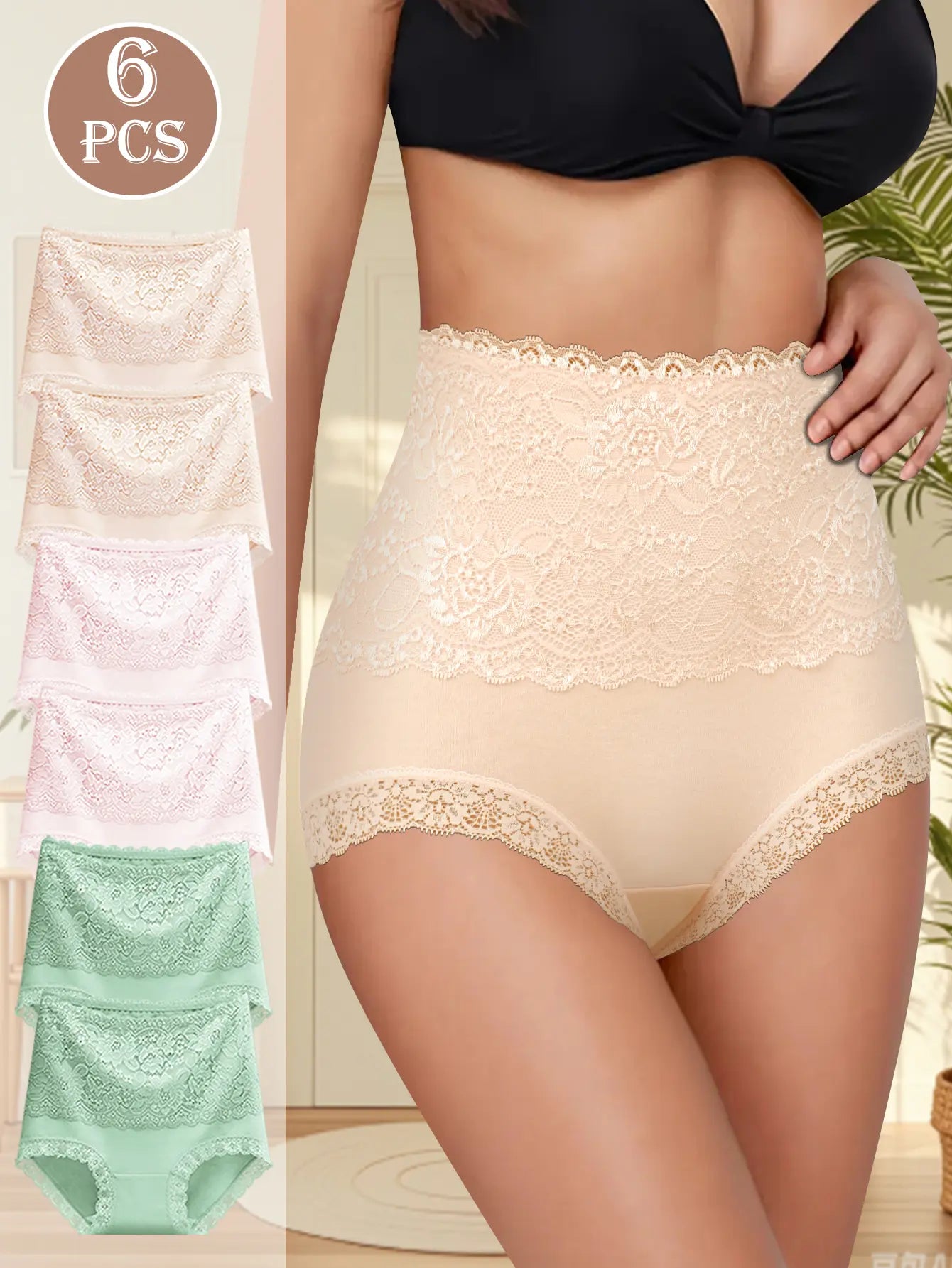 QUASTI 6 Piece Women'S High Waist Briefs, Lace Style Cotton Comfortable & Breathable Underwear, Hip Lifting Fashionable Design, Suitable for Women'S Daily Life
