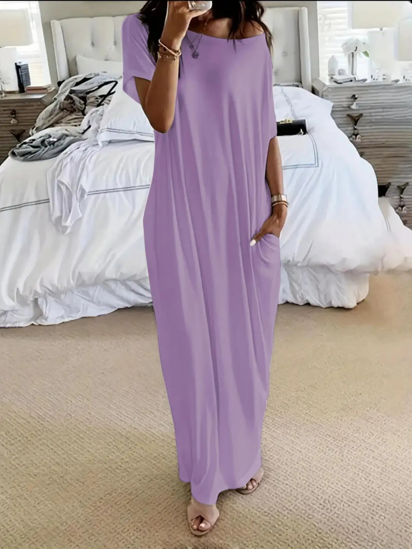 Women'S Solid Color Batwing Sleeve Lounge Dress, Casual Comfy Short Sleeve Nightdress for Daily Wear, Ladies Loungewear Sleepwear for All Seasons, Womenswear