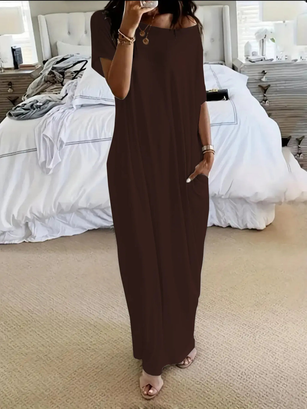 Women'S Solid Color Batwing Sleeve Lounge Dress, Casual Comfy Short Sleeve Nightdress for Daily Wear, Ladies Loungewear Sleepwear for All Seasons, Womenswear