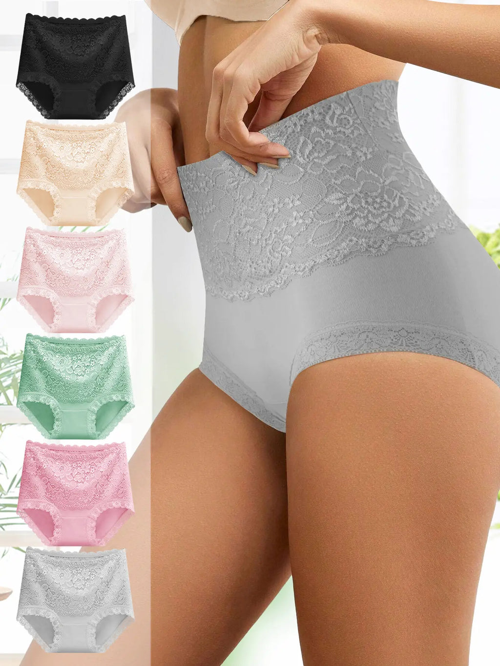 QUASTI 6 Piece Women'S High Waist Briefs, Lace Style Cotton Comfortable & Breathable Underwear, Hip Lifting Fashionable Design, Suitable for Women'S Daily Life