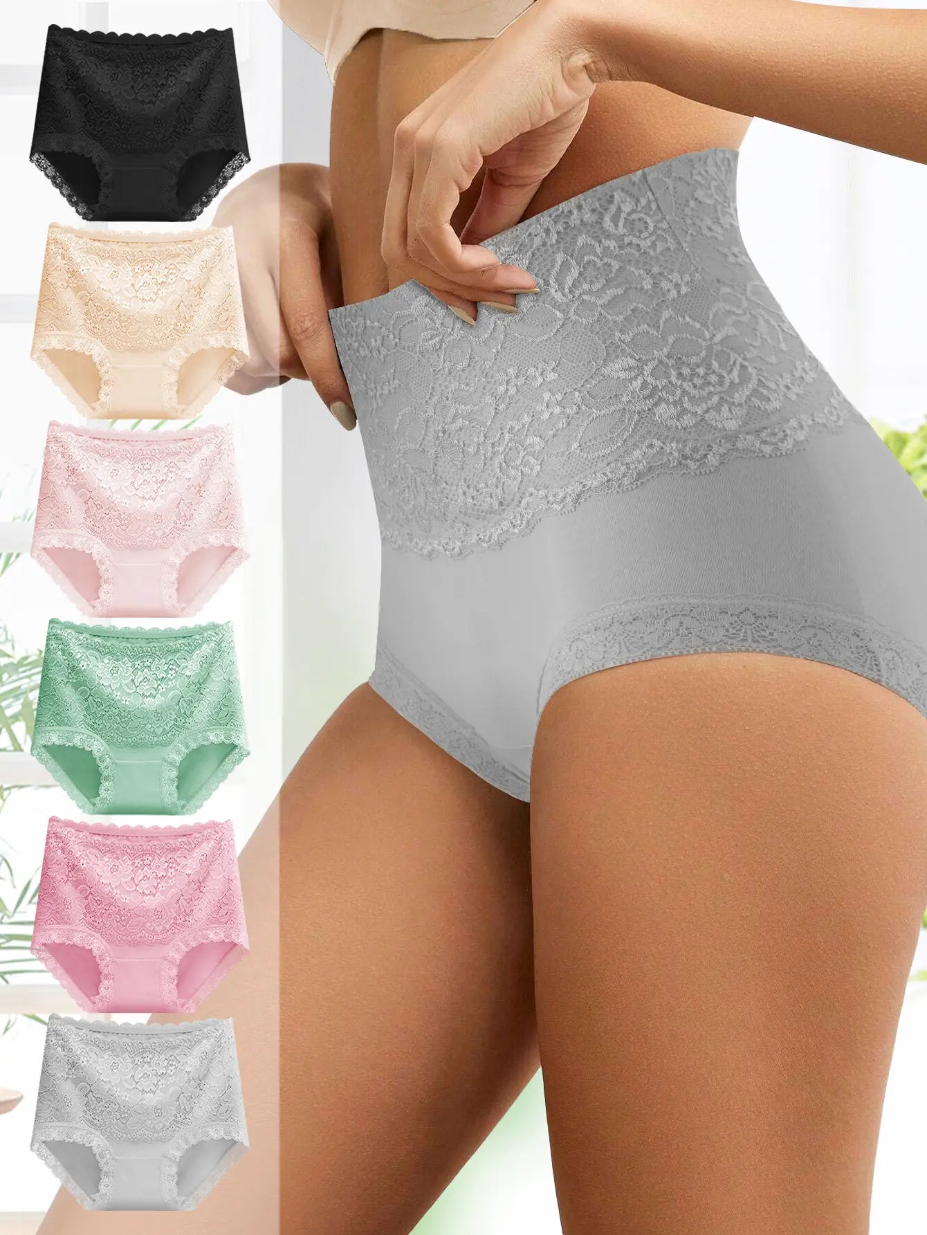 QUASTI 6 Piece Women'S High Waist Briefs, Lace Style Cotton Comfortable & Breathable Underwear, Hip Lifting Fashionable Design, Suitable for Women'S Daily Life